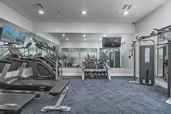 a gym with treadmills and other exercise equipment and a television
